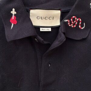 Gucci Black Polo with Red & White Embroidered Snake and Heart